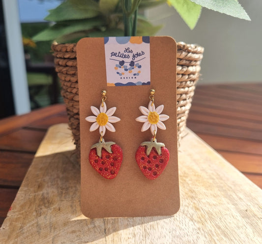 Fruits - Douceur Fraise & Marguerite - Boucles d'oreilles artisanales - Acier inoxydable