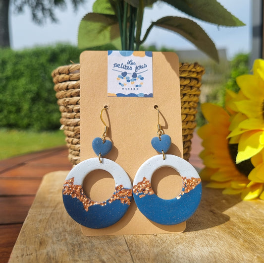 Bleu - Boucles d'oreilles artisanales anneaux pendantes bleues et dorées - Collection Aqua - Acier inoxydable