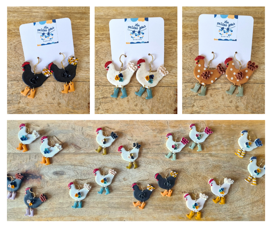 Poules grises à petits points avec bottes dorées - Boucles d'oreilles en acier inoxydable