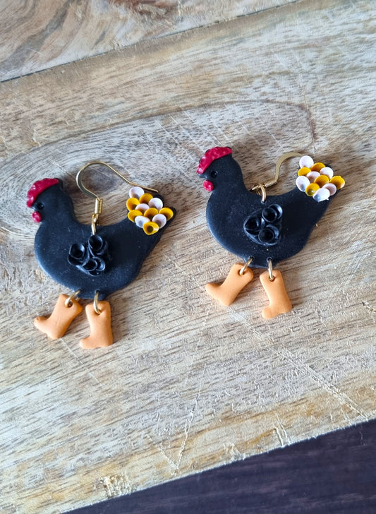 Poules noires avec bottes oranges et fleurs noires - Boucles d'oreilles en acier inoxydable