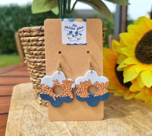 Bleu - Boucles d'oreilles artisanales en forme de fleurs, pendantes bleues et dorées - Collection Aqua - Acier inoxydable (Copie)