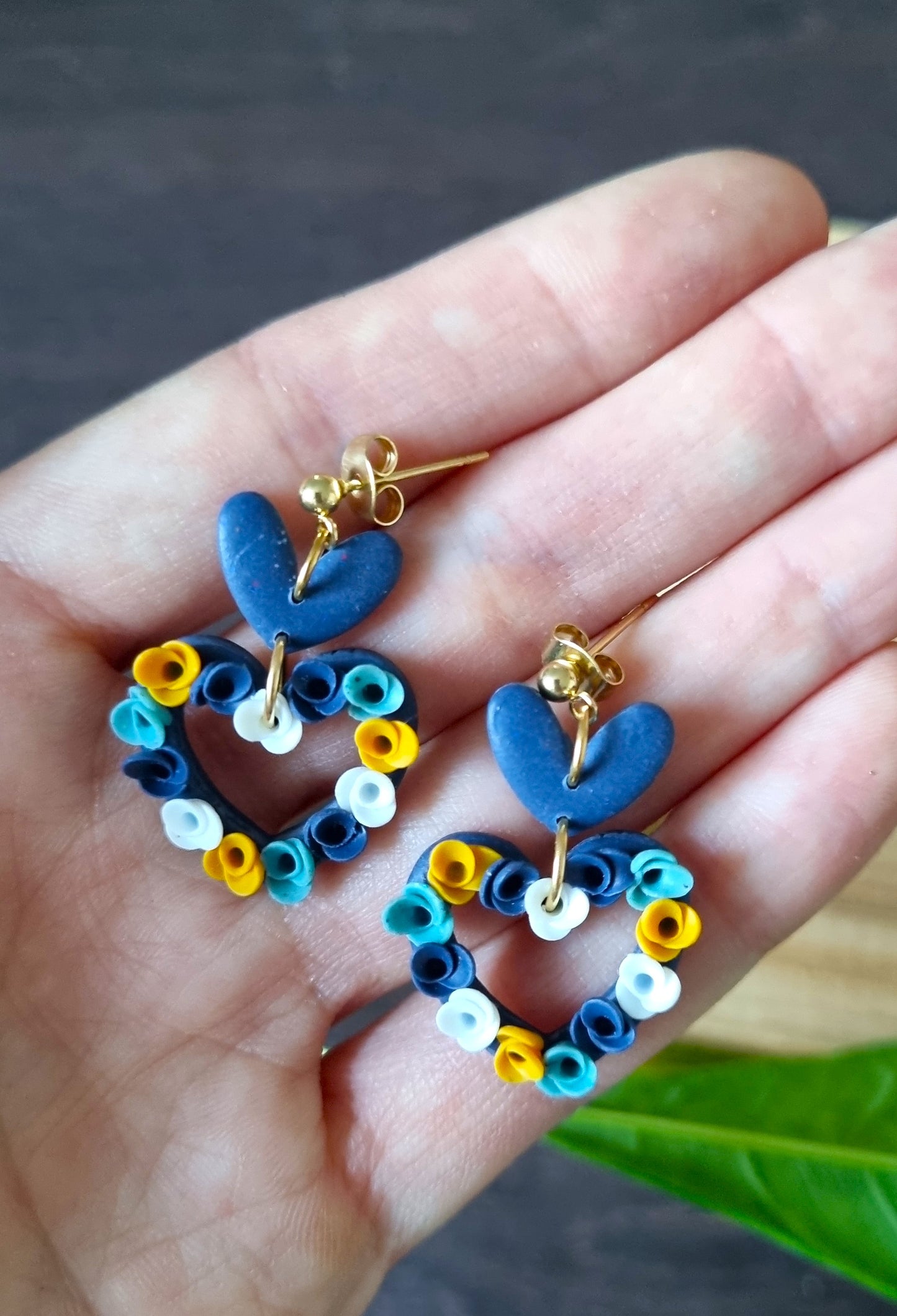Bleu - Cœurs - Boucles d'oreilles en acier inoxydable