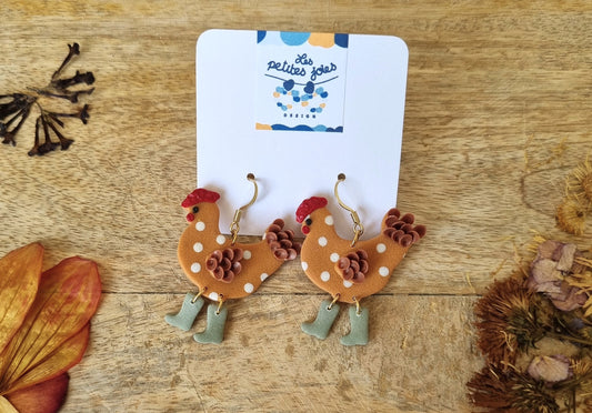 Poules marrons avec bottes vertes - Boucles d'oreilles en acier inoxydable