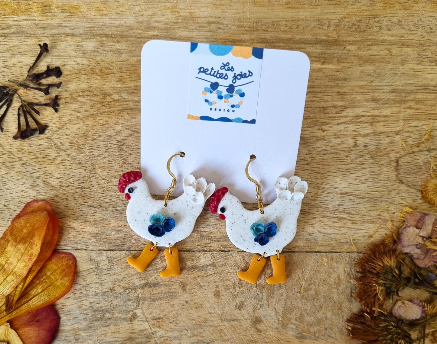 Animaux - Poules blanches avec bottes oranges et fleurs bleues - Boucles d'oreilles en acier inoxydable