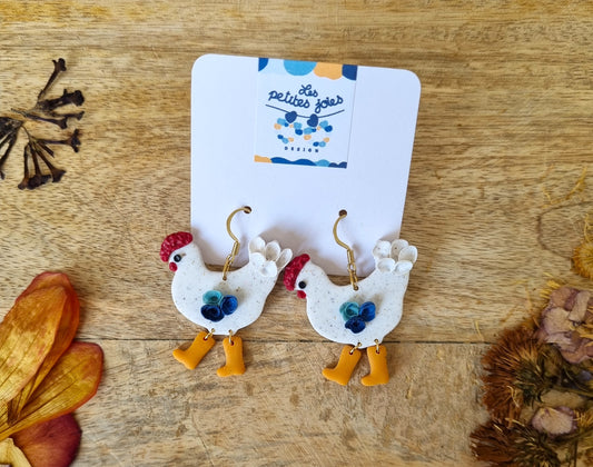 Poules blanches avec bottes oranges et fleurs bleues - Boucles d'oreilles en acier inoxydable