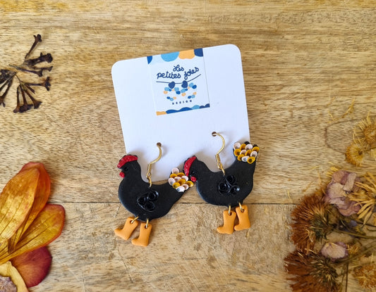 Poules noires avec bottes oranges et fleurs noires - Boucles d'oreilles en acier inoxydable