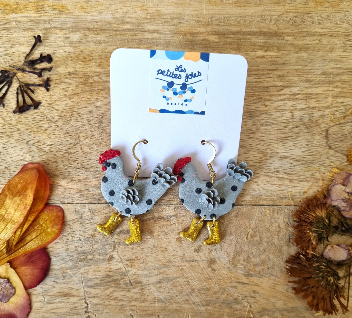Poules grises à petits points avec bottes dorées - Boucles d'oreilles en acier inoxydable