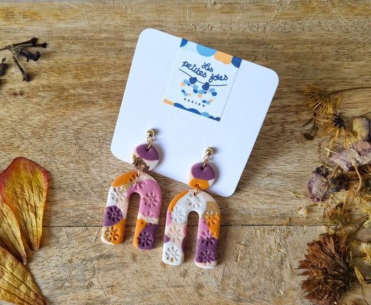 Collection boucles d'oreilles fusion de rose, violet, orange et doré - 6 modèles différents - Bijoux artisanaux - Acier inoxydable