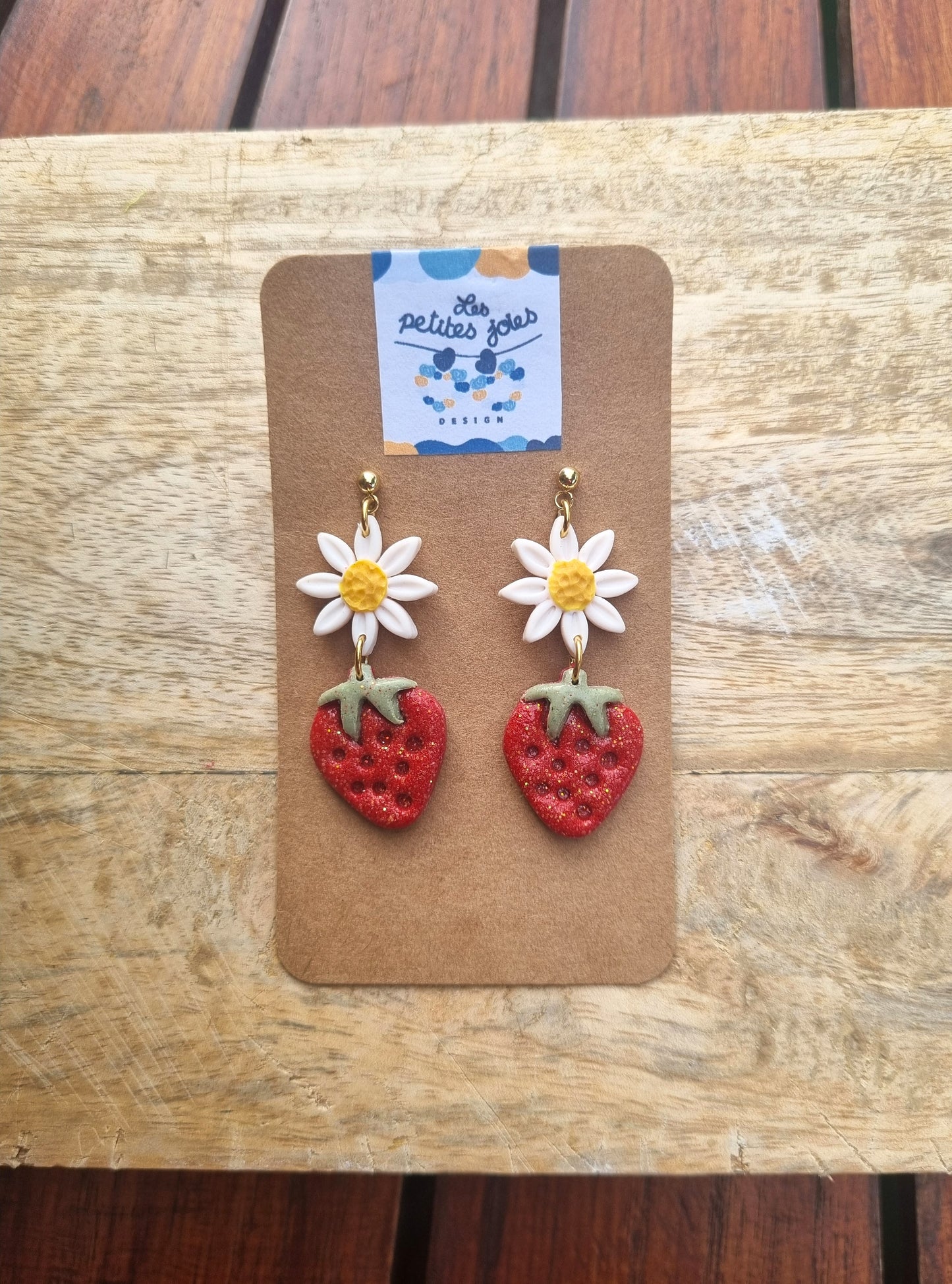 Fruits - Douceur Fraise & Marguerite - Boucles d'oreilles artisanales - Acier inoxydable