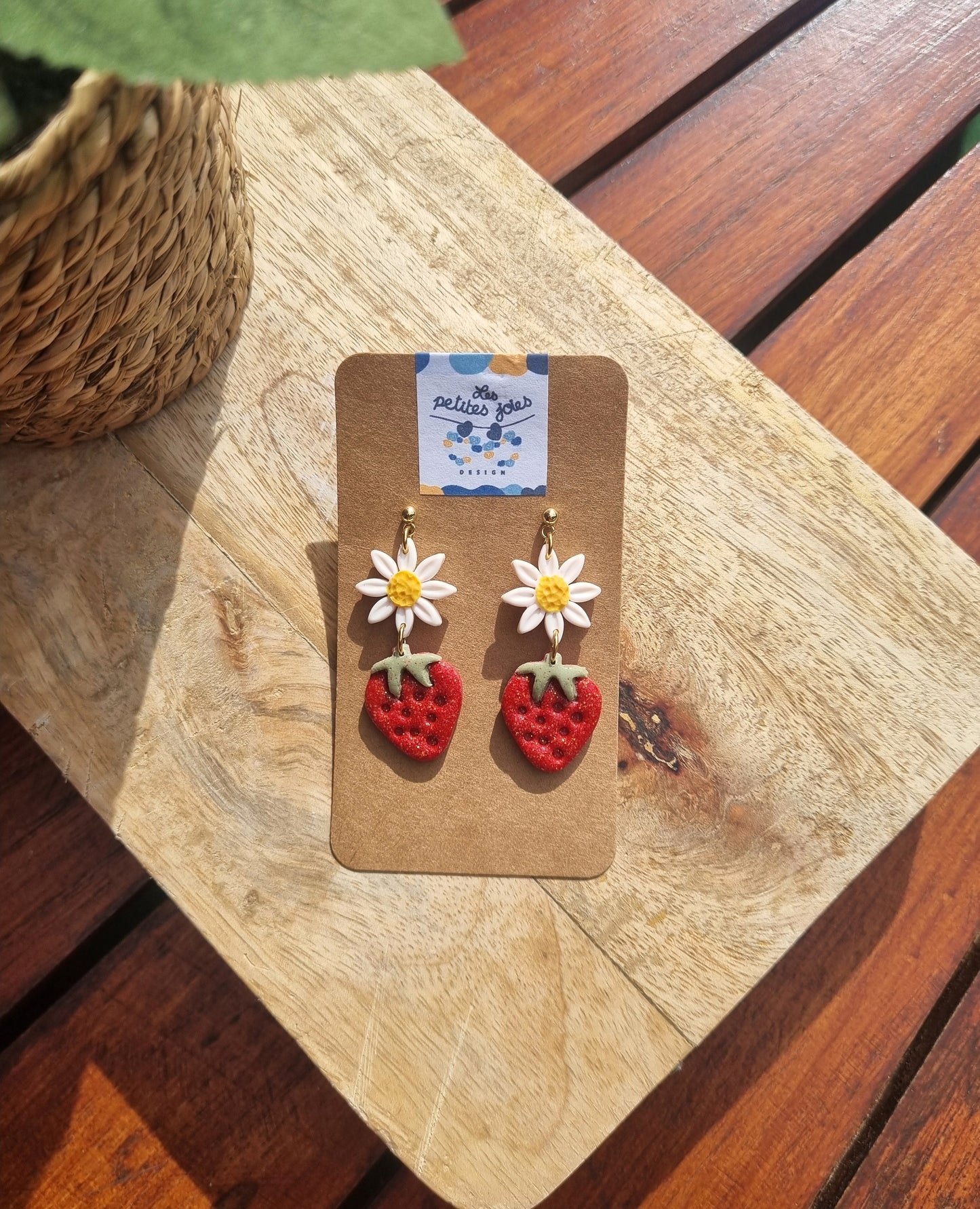 Fruits - Douceur Fraise & Marguerite - Boucles d'oreilles artisanales - Acier inoxydable