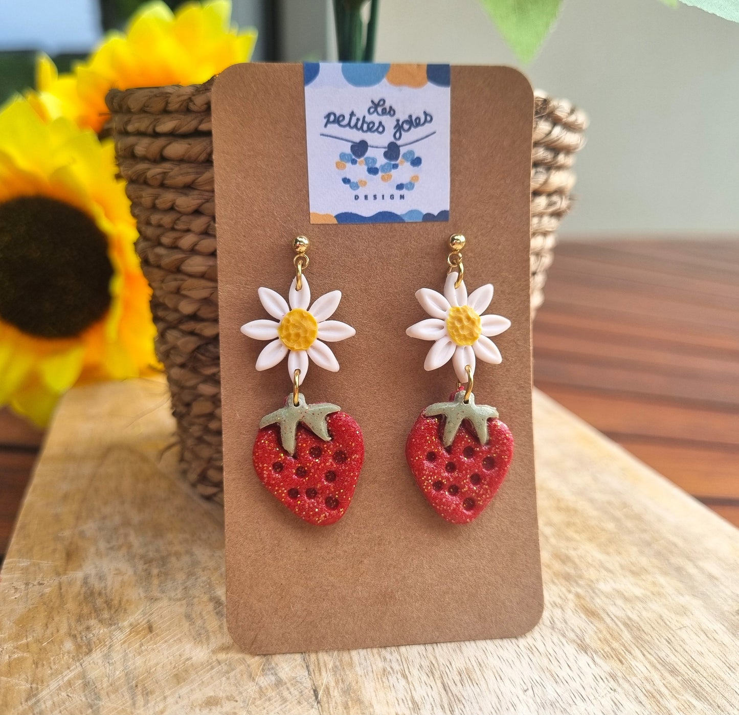 Fruits - Douceur Fraise & Marguerite - Boucles d'oreilles artisanales - Acier inoxydable