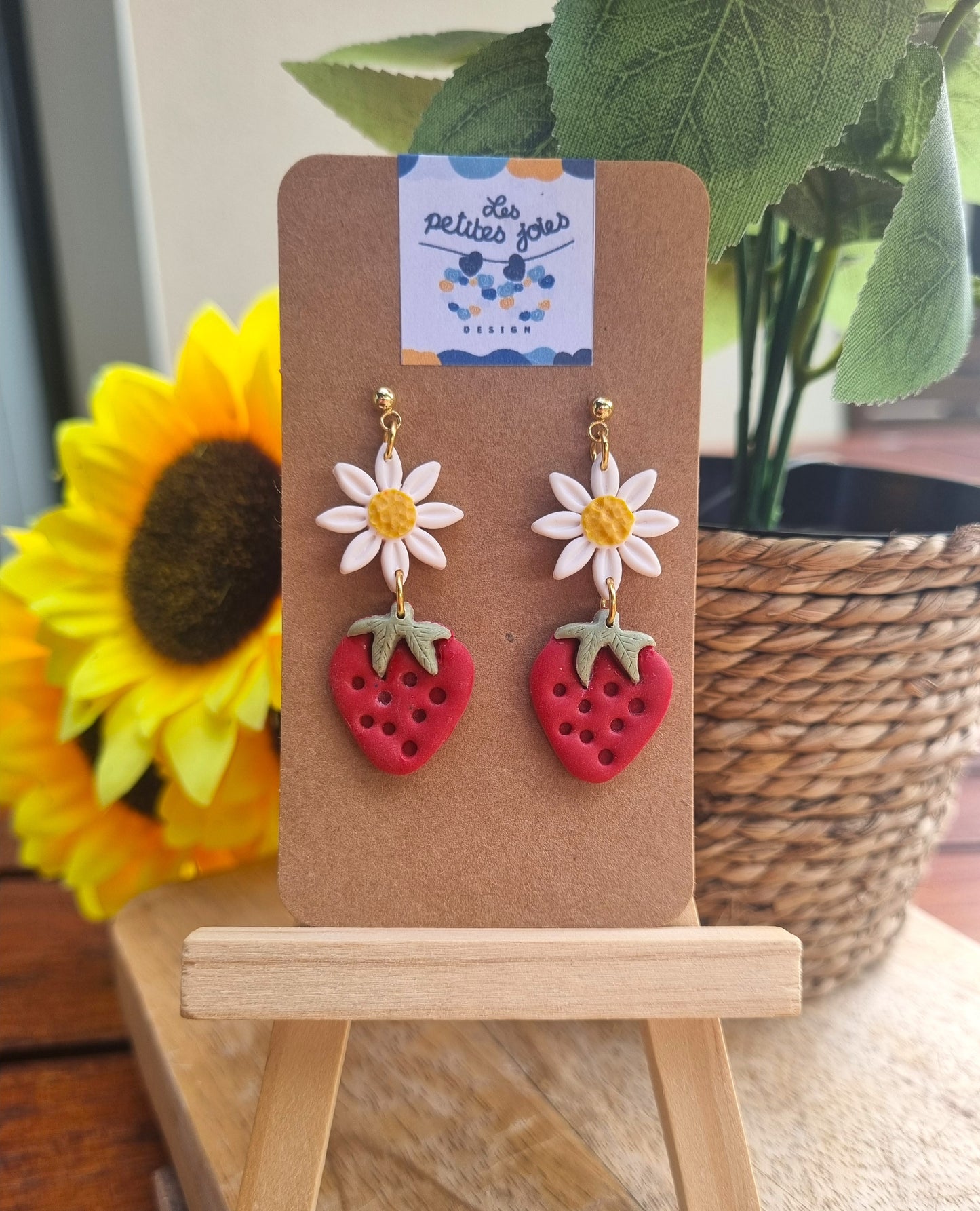 Fruits - Douceur Fraise & Marguerite - Boucles d'oreilles artisanales - Acier inoxydable