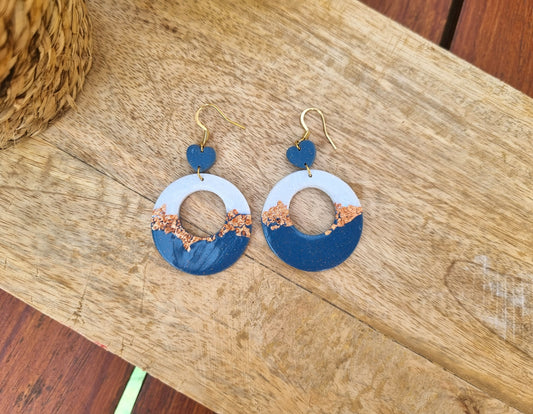 Bleu - Boucles d'oreilles artisanales anneaux pendantes bleues et dorées - Collection Aqua - Acier inoxydable