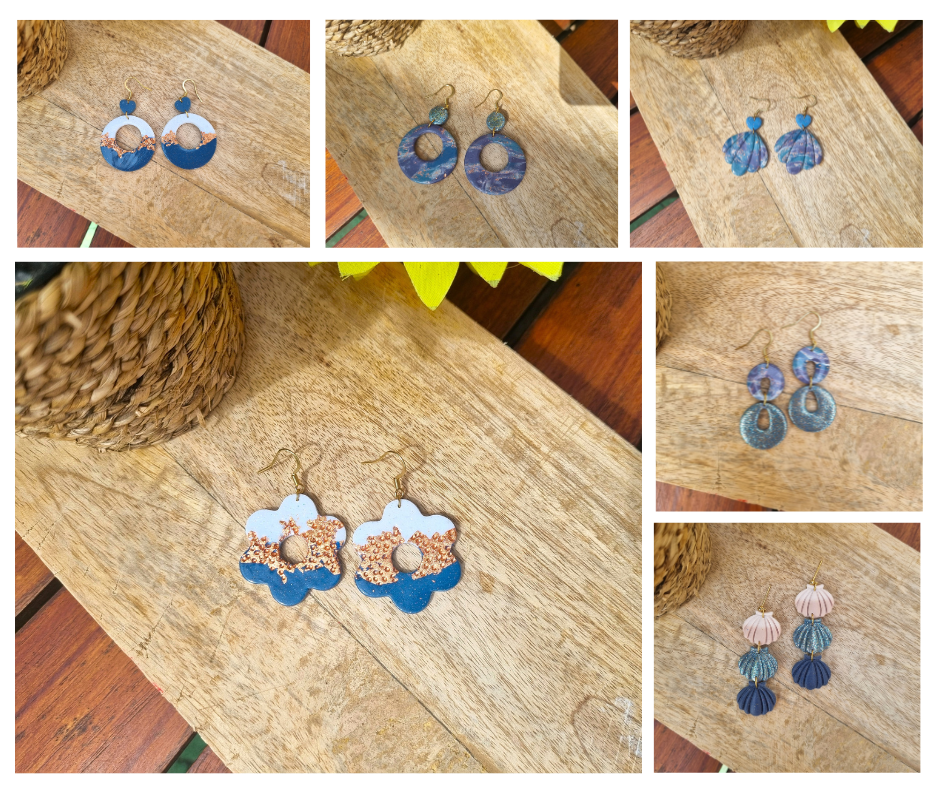 Bleu - Boucles d'oreilles artisanales pendantes en forme de coquillages - Collection Aqua - Acier inoxydable