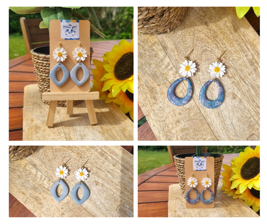 Fleurs - Boucles d'oreilles artisanales pendantes - Collection aqua et pâquerettes - Acier inoxydable