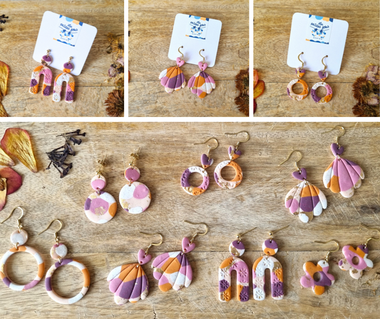 Collection boucles d'oreilles fusion de rose, violet, orange et doré - 6 modèles différents - Bijoux artisanaux - Acier inoxydable